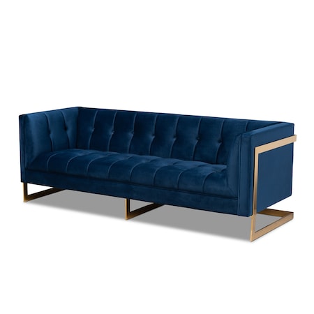 Baxton Studio Ambra Blue Velvet Upholstered and Tufted Sofa with Gold-Tone Frame 156-8866